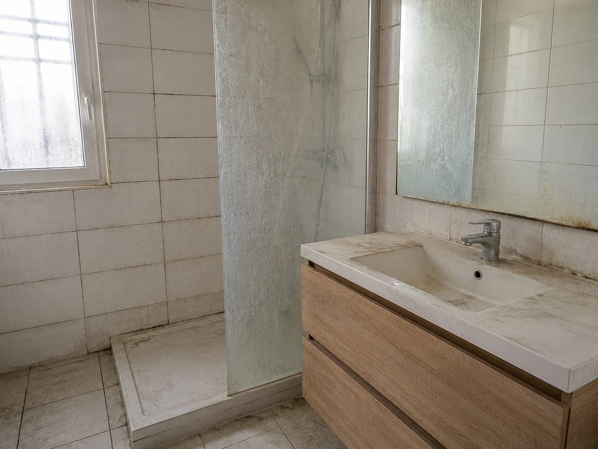 Parois de douche entartrées et joints noircis