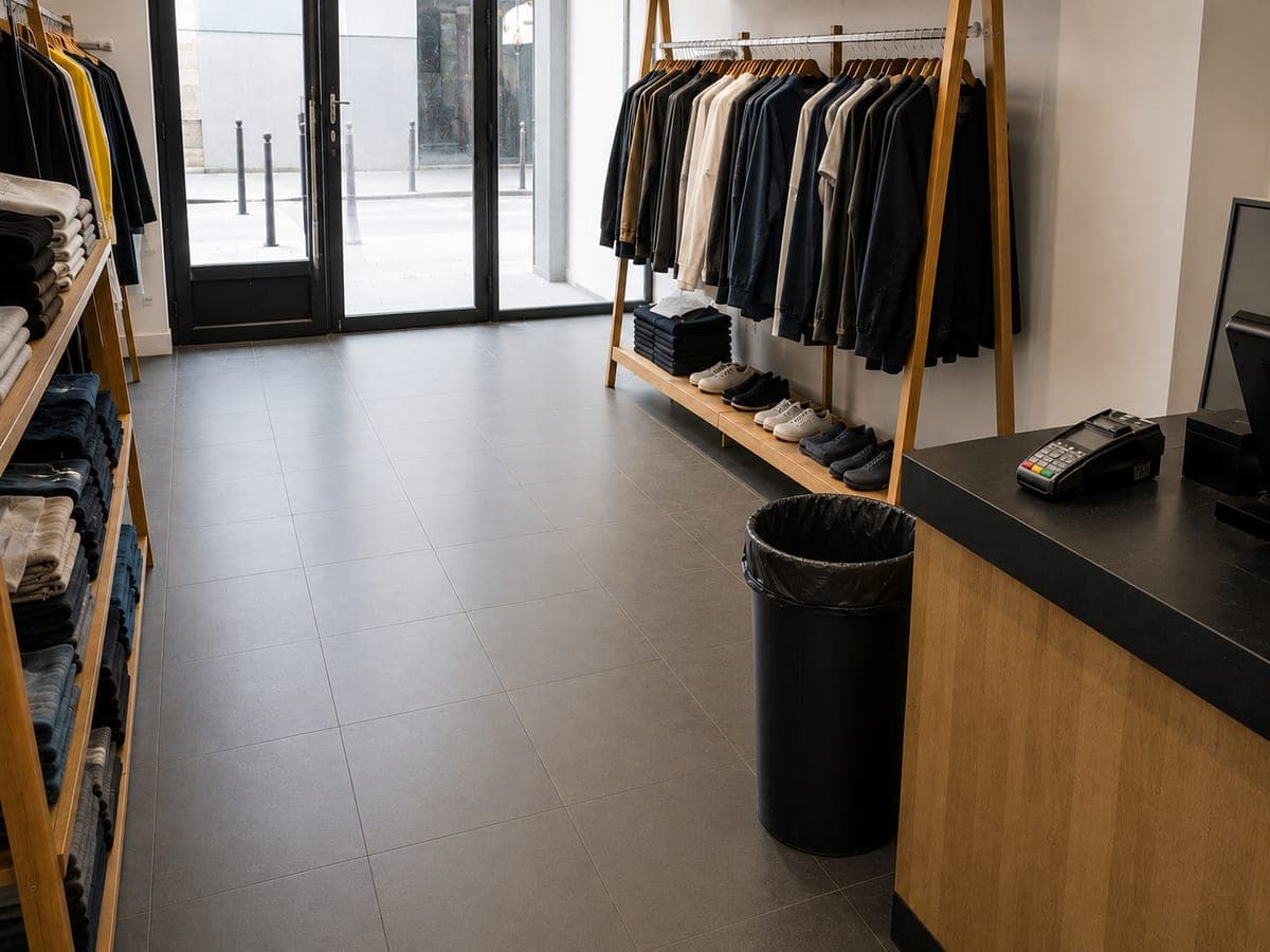 La même surface de vente nettoyée : sol net, cartons évacués, comptoir dégagé