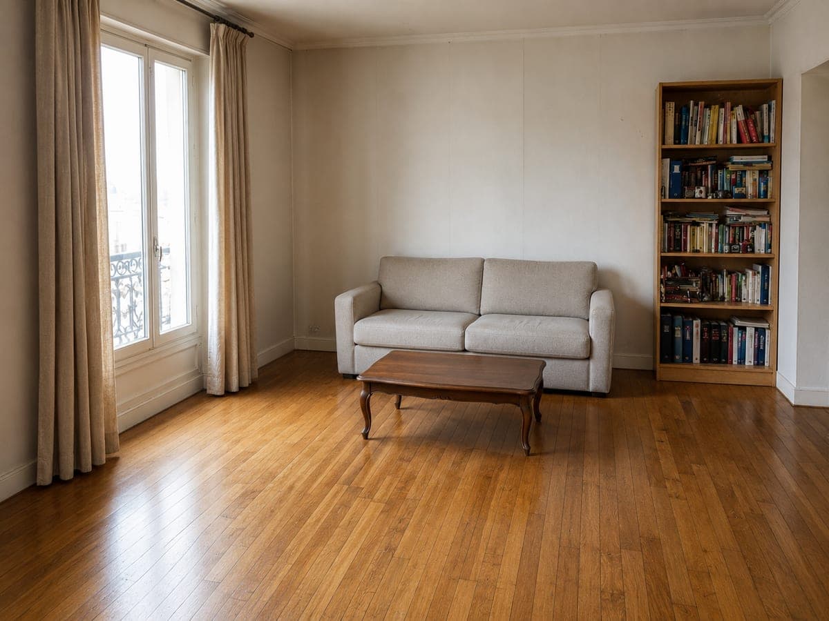 Séjour dégagé, sol lavé et mobilier remis en place après intervention