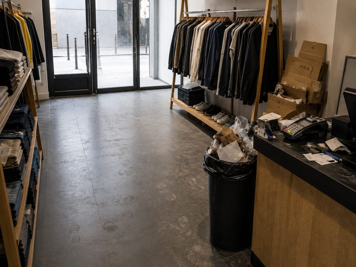 Surface de vente en fin de journée : sol marqué, cartons empilés, poubelle pleine et comptoir encombré