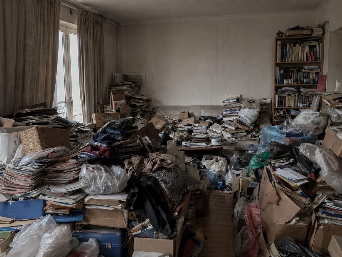 Pièce entièrement occupée par des piles de papiers, de cartons et de sacs